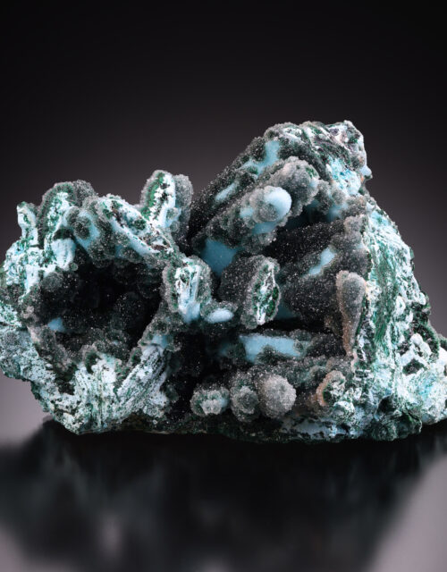 Quartz on Chrysocolla after Malachite after Gypsum: Tenke mine, Tenke-Fungurume Area, Lualaba, DR Congo