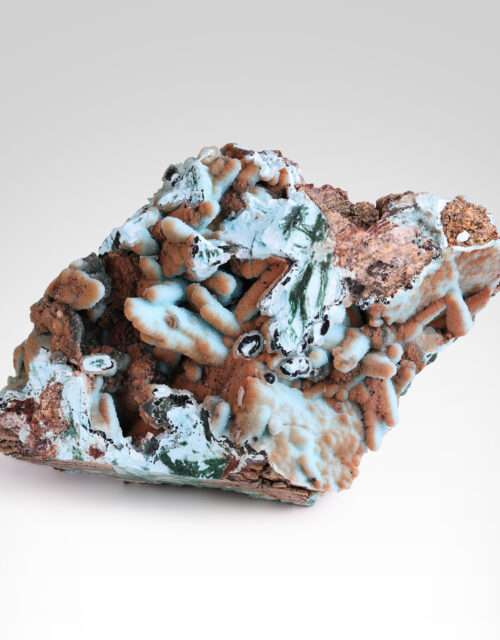 Quartz on Chrysocolla after Malachite after Gypsum: Tenke mine, Tenke-Fungurume Area, Lualaba, DR Congo