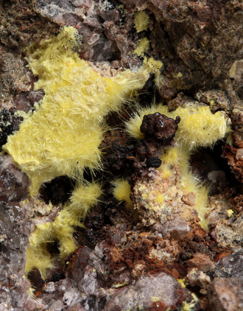 Uranophane, Hematite: Madawaska Mine, Faraday Township, Hastings County, Ontario, Canada