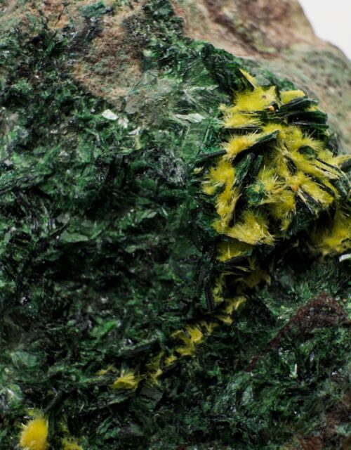 Uranophane, Cuprosklodowskite, Malachite, Digenite: Musonoi Mine, Kolwezi, Mutshatsha, Lualaba, DR Congo