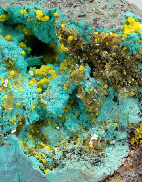 Metatyuyamunite, Baryte, Chrysocolla: Mashamba West Mine, Mutshatsha, Lualaba, DR Congo